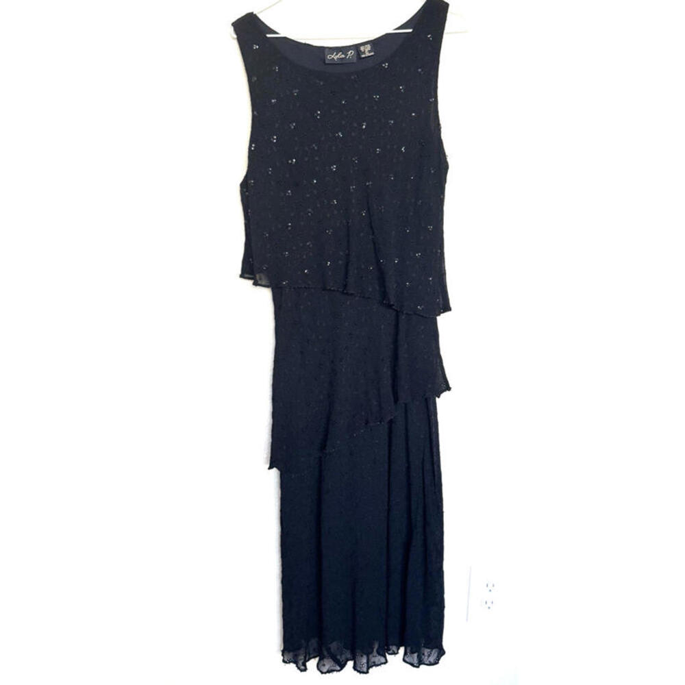 Lola P. Black Beaded Tiered Sleeveless Midi Dress L | Formal Cocktail Party Rayo - Picture 5 of 13